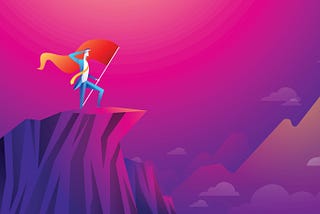 Illustration of a businessman with flag on a mountain peak, gazing towards a goal on an opposite mountain peak.