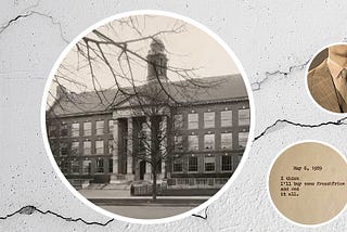 Background of a crack in concrete along with images of a younger David Rose, the UDL Guidelines icon, Boston Latin High School, and other vintage school-related items.
