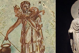Image of Jesus as a shepherd painted in Crypt of Lucina, Rome, around 300 CE, juxtaposed with a statue of the Buddha as a Hellenistic philospher from the 1st century CE.