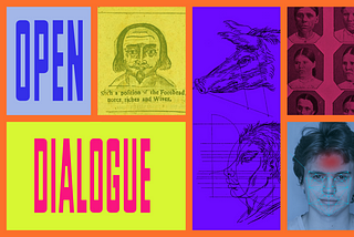 The graphic text “Open Dialogue” is framed around different sketches of human faces and emotions.