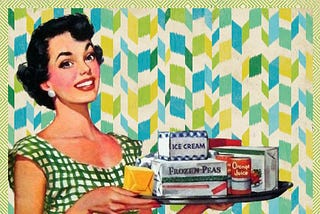 A smiling 1950s-style housewife carries a tray loaded with packaged food, including frozen peas, orange juice, and ice cream