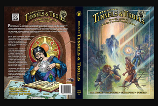 book cover spread out to see both front and back ─ on left, a wizard in front of a stained glass window, doing magic above an illustrated grimoire / on right, a fantastic halls of sort with a variety of fantastical creatures