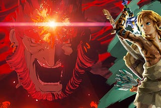 A collage of Ganondorf having just obtained the Secret Stone and is about to transform into the Demon King, and Link readying the Master Sword.