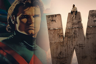 An AI portrait of the original Wonder Man fades into a picture of Simon Williams (Yahya Abdul-Mateen II) sitting on top of a giant “W” holding what looks like a script, with Trevor Slattery (Ben Kingsley) standing on the ground to the right.