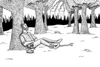 A pen-and-ink black and white drawing of a man in a forest leaning against a tree trunk.