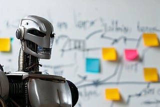 A Terminator style robot giving a presentation in front of a whiteboard covered in sticky notes and process diagrams.