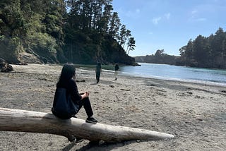 Woman sits on log with her back to the camera as two teen girls walk toward the water’s edge.