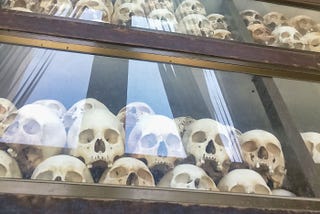 Human skulls on display at Choeung Ek Memorial, Choeung Ek Killing Fields, Cambodia.