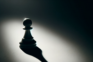 A chess pawn casting a long shadow of a King in dramatic lighting