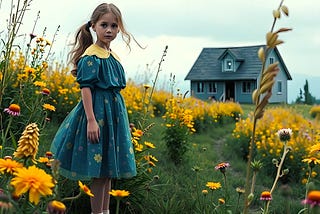 A child standing in a garden of wildflowers near a house