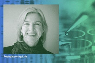 Photo of Jennifer Douda against a blue-to-green filtered image of pipette.