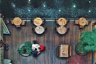 Overhead view of tables and decorative fountains