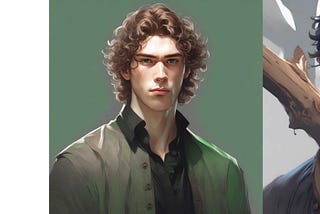 Left is Jayden, a man in his twenties with curly brown hair and green eyes. Right is Maxwell, a man in his early thirties with dark hair, obsidian eyes and a driftwood complexion.