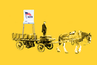 A photo collage of a man driving a horse-pulled cart, with a voting booth on the cart.