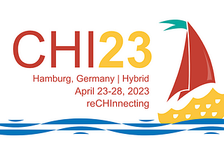 The CHI 2023 banner, a yellow cartoon sailboat with a red sail on blue sea