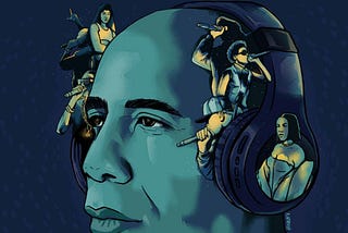 A close-up illustration of a man wearing headphones. Silhouettes of various rappers are drawn across the headphones.