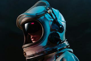 A close-up shot of a woman wearing a futuristic white helmet and suit. Only her lips are visible as her eyes are covered by a black mask with a red light. The backdrop of the image is black.