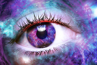 A mystical and futuristic close up of a human eye in purple and blues