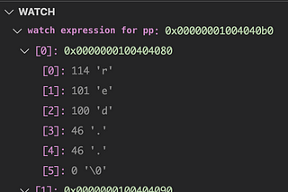 How to watch char values of strings pointed by a pointer to pointers to char with VSCode debugger