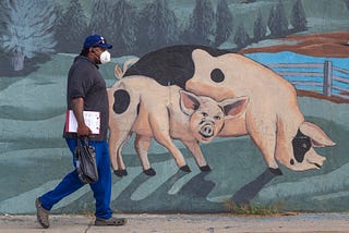 A man walks past a mural on the Farmer John slaughterhouse in Vernon, CA after 153 workers tested positive for Covid-19