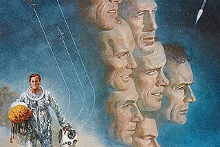 One man in a space suit walking forwards, with the faces of the Mercury Seven superimposed behind him.