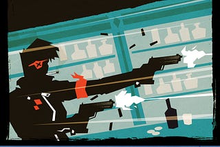 The silhouette of a woman in “road warrior” gear firing two handguns in a bar. The background is a aqua blue shelf full of white bottles of various shapes, implying alcohol. The woman’s silhouette is accented with a red eyepatch with a black “x”, a red cloth tied around her left arm, red decorative squares on her jacket vast, and a white line and zipper handle. Bullet lines whiz by her.