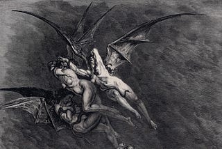 Gustave Doré illustrating Canto 9 of Divine Comedy, Inferno, by Dante Alighieri. The three Furies.