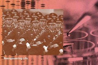A photo of Chinese soldiers juxtaposed against photos of a DNA strip and a dropper with the text Reengineering Life