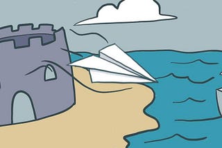 A paper airplane flying from a castle on an island to a waiting person on a boat who is ready to catch it. There is one cloud in the sky.