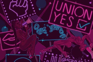 A graphic illustration showing two Black pole dancers with neon signs mounted on their poles, one says “UNION YES.”