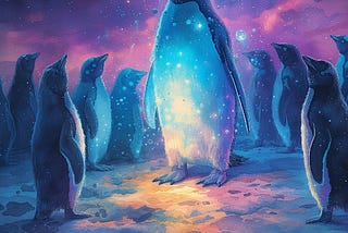 Penguin radiates with cosmic energy as other penguins stare | By Dane O’Leary using original and AI-generated elements