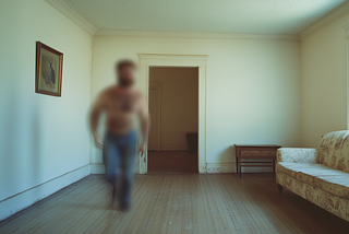Minimalist room with wooden flooring, white walls, and a vintage floral-patterned couch. A small wooden side table sits next to the couch, while a framed picture hangs on the opposite wall. Natural light filters through a window, casting a soft glow on the furniture. A blurred figure stands near the doorway in the background, adding an eerie and mysterious element to the scene.