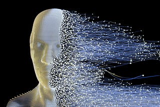 Computer image of a face with part of the face comprising tiny computer bits floating off into space.