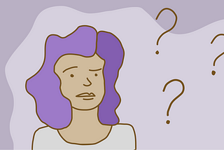 A person with curly purple hair looks questioningly at question marks floating around them