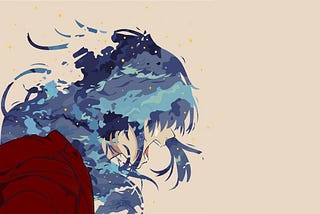 cartoon anime person with blue hair like a breaking ocean wave, yelling into nothingness