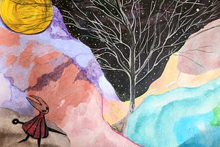 colorful illustration of a whimsical landscape featuring colorful hills, a black sky with a tree and a video game character in the bottom left corner