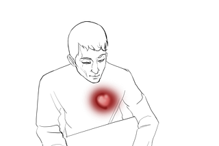 Black and white outline of a software developer sits at a desk typing. His heart, however, seems to radiate a deep red glow.