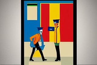 Painting of two mailmen with hats carrying letters