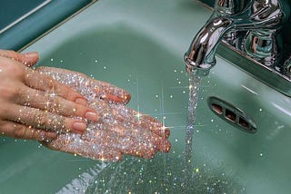 A photo of someone washing their hands in the sink. The water is glittery and sparkly.