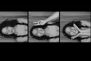 Black and white horizontal photo reel of writer’s photobooth pictures.