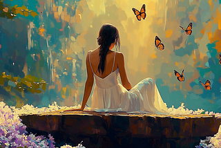 A woman in a white dress sits on a stone ledge, surrounded by butterflies and warm golden light.