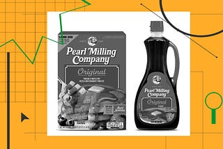 A photo illustration with different line textures around a box of Pearl Milling Company pancake mix and a bottle of its syrup.