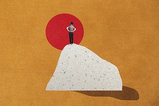 Graphic of a person standing on top of a hill/mountain overlooking a red sun.