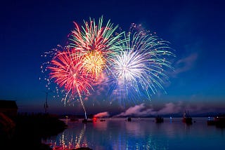 Fireworks in the evening sky over the ocean