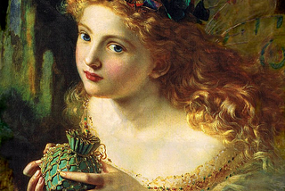 A painting of a fairy with long curly hair wearing a a crown of butterflies and holding an ornate purse.