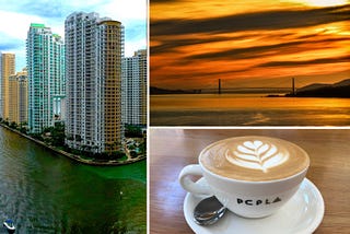 Images of San Francisco and Miami along with a coffee cup