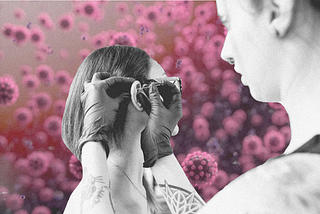 A photo illustration of a woman getting her cartilage pierced by a professional piercer against a backdrop of Coronavirus.
