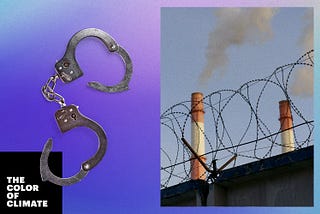 Photo illustration: “The Color of Climate” text and photos of silver handcuffs, and heat station pipes behind barbed wire