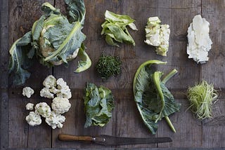 A head of cauliflower next to small piles of cauliflower stems, florets, leaves, stalks, and ribs, respectively.