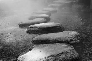 Black and white stepping stones in a river.